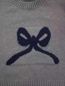 Women's Simple Commuter Solid Color Bow Embossed Long Sleeve Crew Neck Knit Sweater