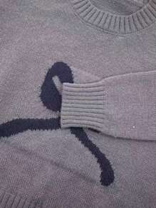 Women's Simple Commuter Solid Color Bow Embossed Long Sleeve Crew Neck Knit Sweater
