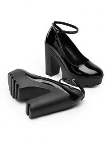 Women's Platform Chunky Round Toe Pumps Ankle Strap High Heels Fashionable Wedding Prom Party Y2K Shoes - Black - View 6