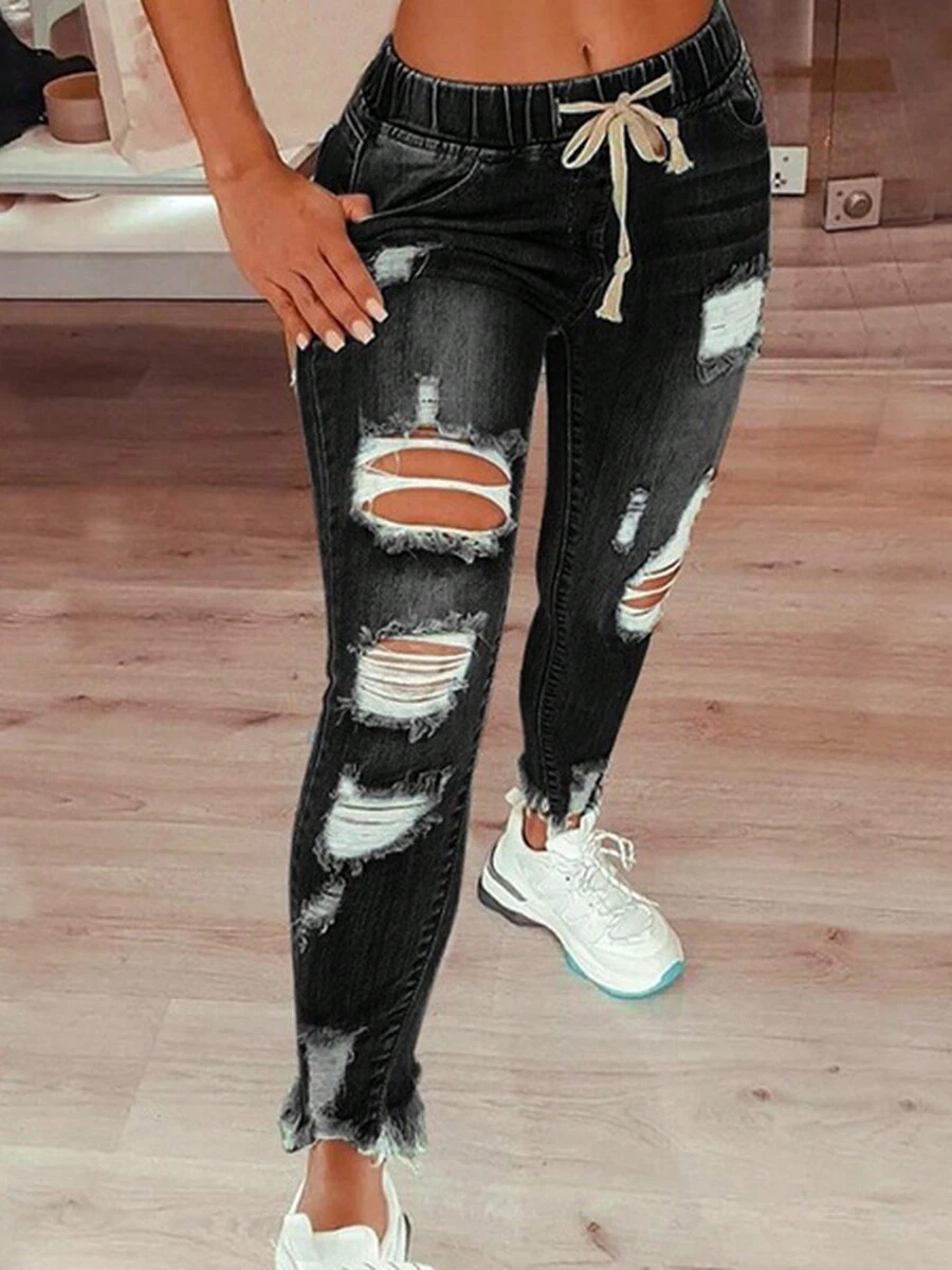 Fox Claw Plus Size Women High Waist Skinny Stretch Ripped Jeans Destroyed Denim Pants - 黑色 - 查看 1