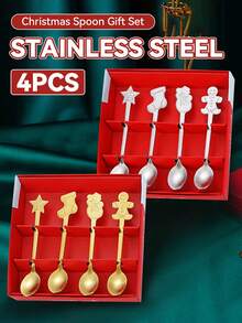 4 件装圣诞礼品勺（带礼盒）不锈钢搅拌勺咖啡勺甜品勺餐具厨房配件新年礼物圣诞礼物装饰品 - 彩色 - 查看 9