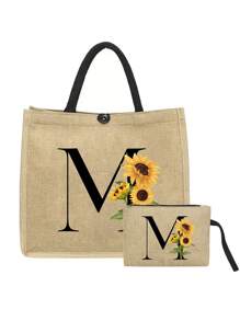2pcs Linen Tote Bag Set, Including 1 Bag Printed With Letters A-Z And 1 Floral Printed Pouch, Sunflower Floral Print, Letter, Flower Pattern, Personalized Gift Packaging, Yellow Linen Black Tote Bag With Black Snap Closure, Bag Set - Khaki - View 26