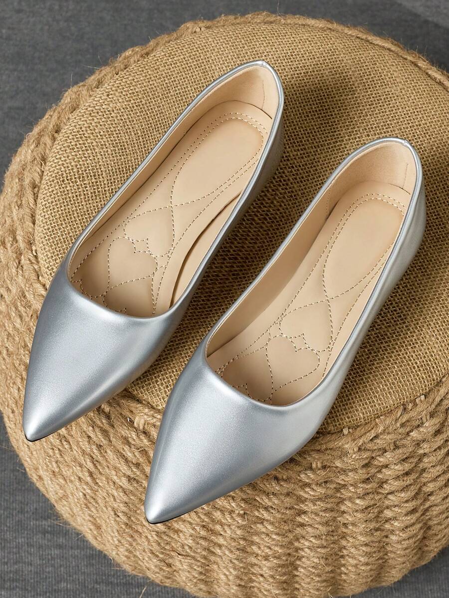Navy Blue Women's Black Snake Skin Textured Comfortable Pointed Toe Yellow Flat Shoes, Casual Versatile Slip-On Flats For Travel & Autumn In Olive Green - 銀色 - 查看 1