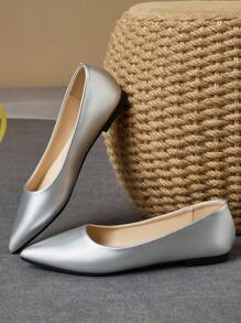 Navy Blue Women's Black Snake Skin Textured Comfortable Pointed Toe Yellow Flat Shoes, Casual Versatile Slip-On Flats For Travel & Autumn In Olive Green - 銀色 - 查看 5