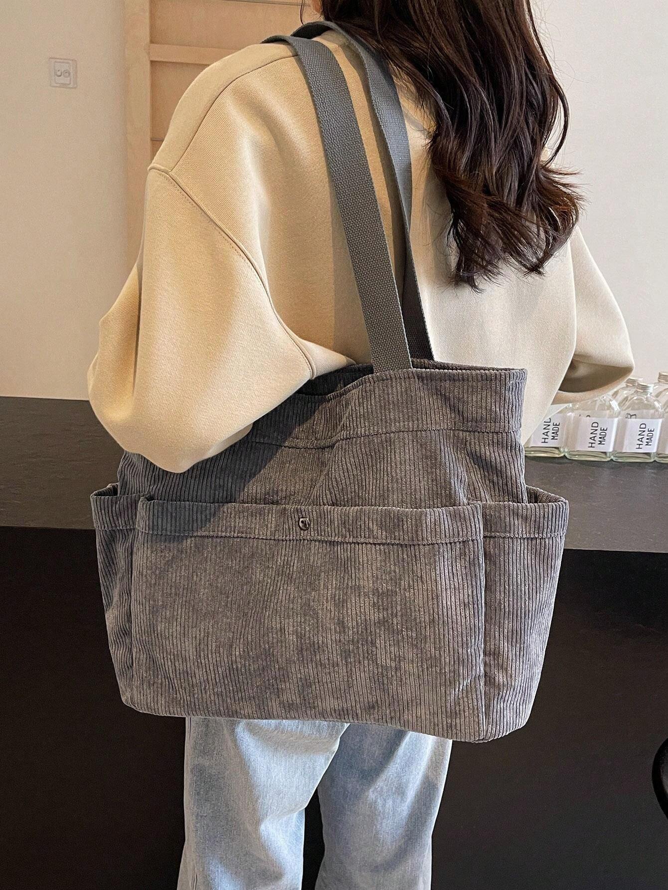 Women MultiPocket Corduroy Tote Bag, Simple Big Capacity Shoulder
