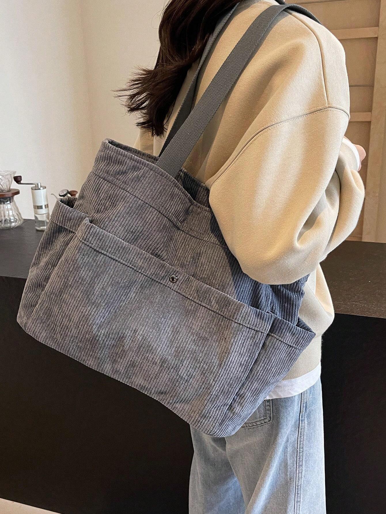 Women MultiPocket Corduroy Tote Bag, Simple Big Capacity Shoulder