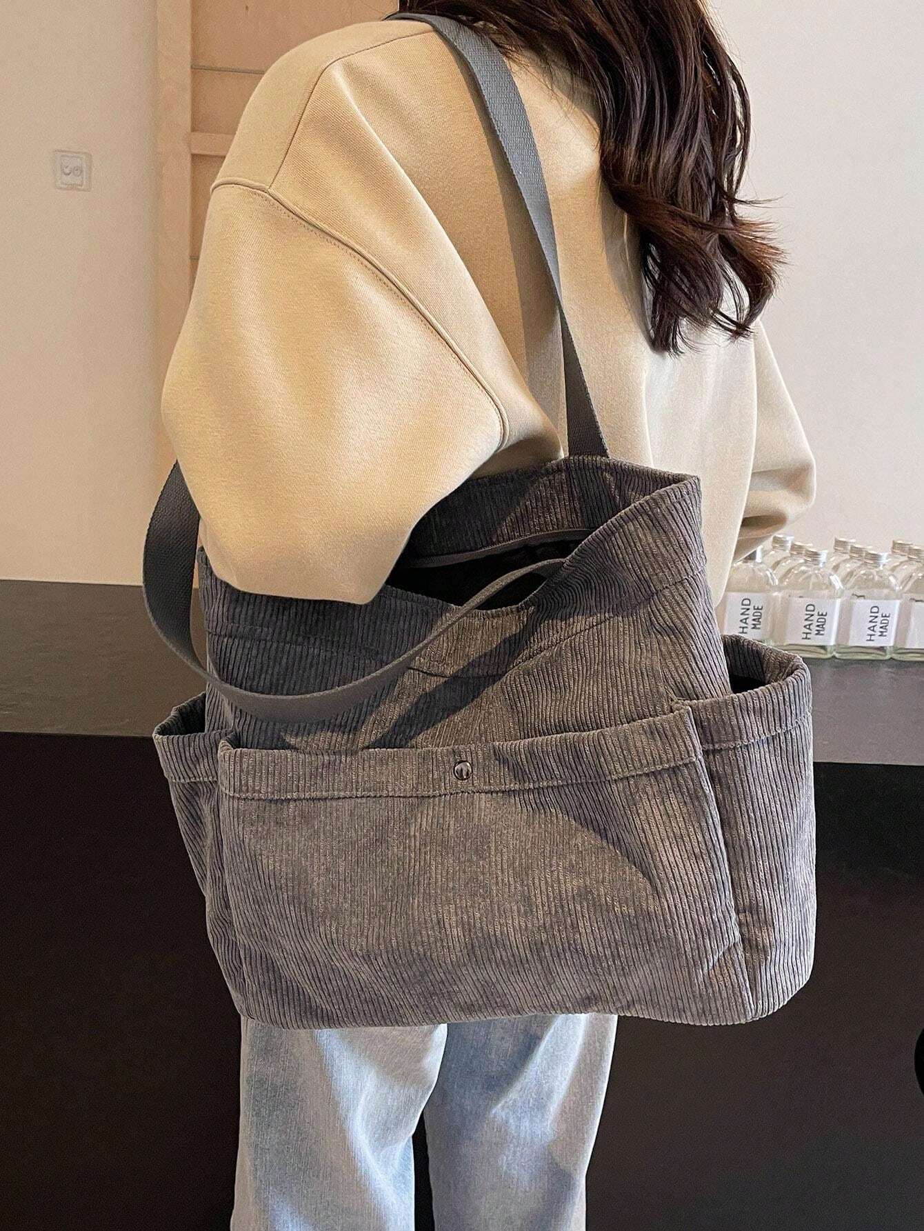 Women MultiPocket Corduroy Tote Bag, Simple Big Capacity Shoulder