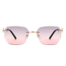 1pc Rimless Curved Rectangle Sunglasses With Tinted Square Lenses For Women And Men, Y2K Retro Geometric Shades. Perfect For Streetwear Looks, Summer Styling, Vacation Outfits, Music Festivals, And Casual Outdoor Wear - 粉色 - 查看 1