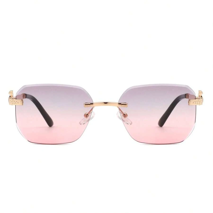 1pc Rimless Curved Rectangle Sunglasses With Tinted Square Lenses For Women And Men, Y2K Retro Geometric Shades. Perfect For Streetwear Looks, Summer Styling, Vacation Outfits, Music Festivals, And Casual Outdoor Wear - 粉色 - 查看 1