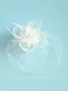 7pcs Fascinator Hat Feather Derby Tea Party Hat With Lace Gloves Faux Pearl Necklace Bracelet Wedding Veil Accessories Costume Set For Women Halloween - White - View 2