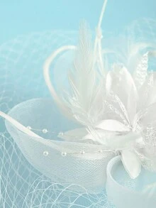 7pcs Fascinator Hat Feather Derby Tea Party Hat With Lace Gloves Faux Pearl Necklace Bracelet Wedding Veil Accessories Costume Set For Women Halloween - White - View 5