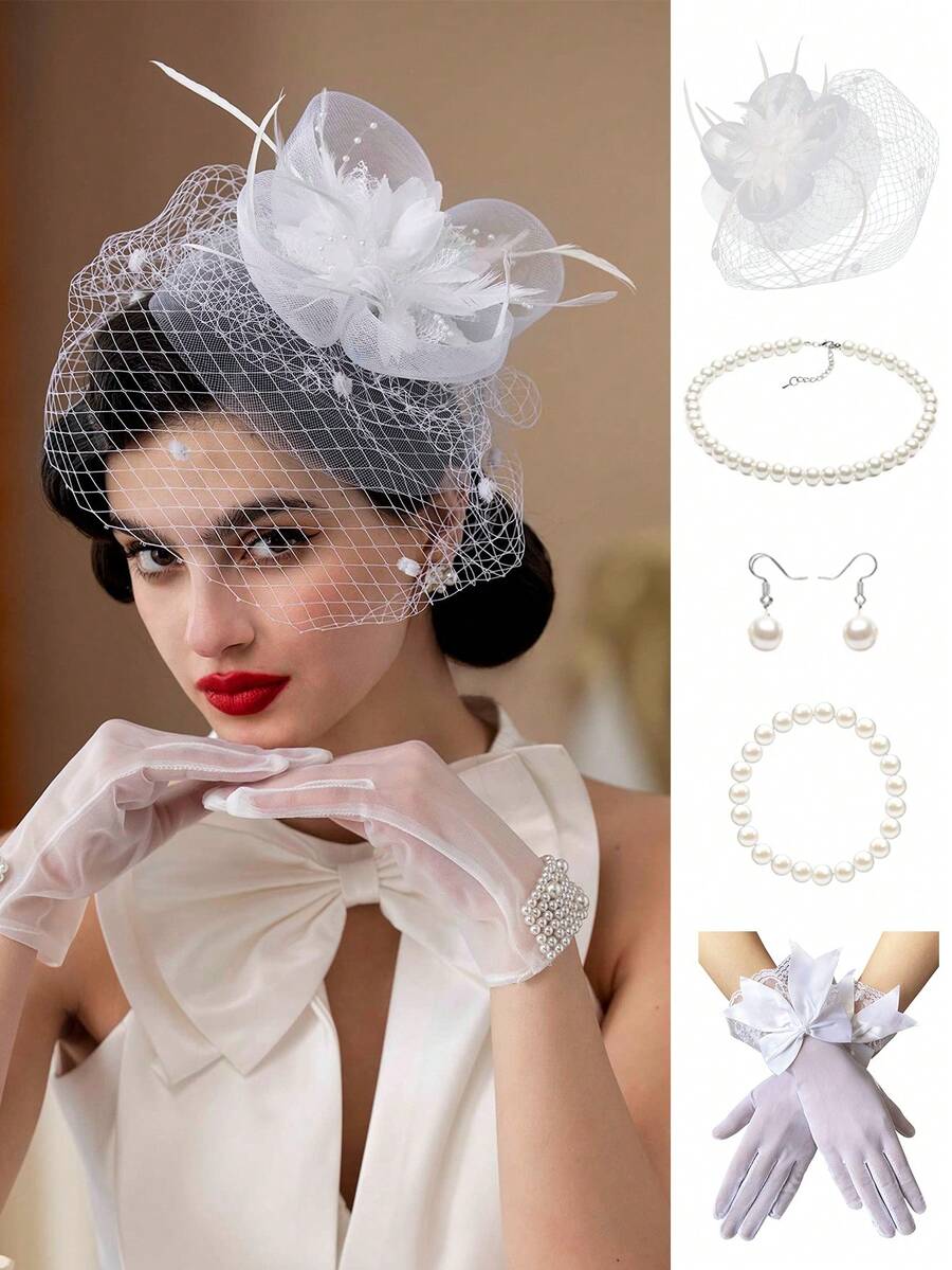 7pcs Fascinator Hat Feather Derby Tea Party Hat With Lace Gloves Faux Pearl Necklace Bracelet Wedding Veil Accessories Costume Set For Women Halloween - White - View 1