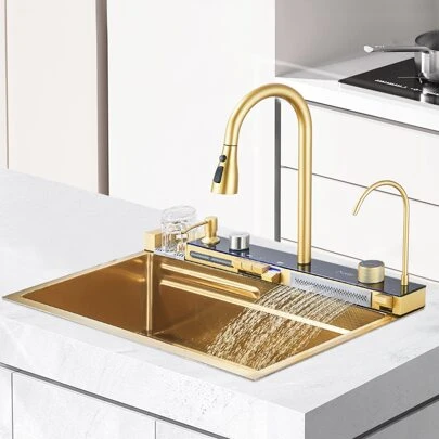 Kitchen Sink 304 Stainless Steel Single Bowl Kitchen Sinks, Digital Display Waterfall Sink, With Pull Down Sprayhead Faucet, With Pressurized Cup Washer And Two Waterfalls