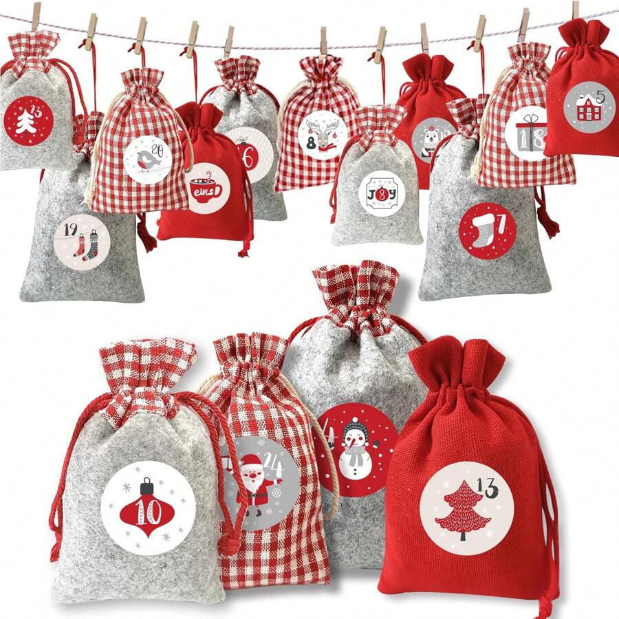 Calendarios de Adviento de 24 piezas para rellenar, bolsas de tela, calendario de Navidad grande, ideales para rellenar. Regalos navideños perfectos para cumpleaños y decoración navideña. - Rojo y blanco - Ver 1