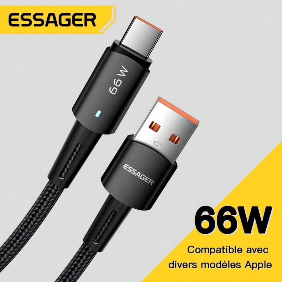 Cable USB Tipo C Essager 6A 66W para teléfono móvil, cable trenzado de carga rápida