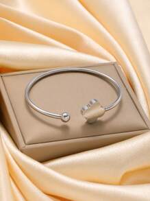 New Fashion Vintage Silver Stainless Steel Zirconia Leaf Open Bangle Bracelet For Daily Wear - Silver - View 13