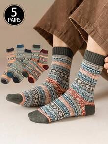 5 Pairs Retro  Mid-Calf Socks, Thick & Warm For Fall/Winter, Casual Design - Multicolor - View 2
