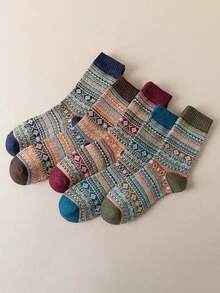 5 Pairs Retro  Mid-Calf Socks, Thick & Warm For Fall/Winter, Casual Design - Multicolor - View 6