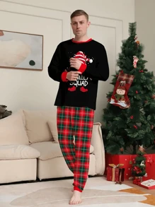 2 pièces Ensemble de pyjama de Noël à carreaux décontracté pour hommes, Top à manches longues et col rond avec motif "Joyeux Noël' et bois de cerf, et pantalon ample pour dormir