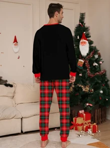 2 pièces Ensemble de pyjama de Noël à carreaux décontracté pour hommes, Top à manches longues et col rond avec motif "Joyeux Noël' et bois de cerf, et pantalon ample pour dormir