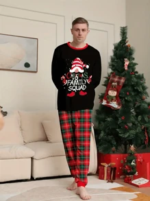2 pièces Ensemble de pyjama de Noël à carreaux décontracté pour hommes, Top à manches longues et col rond avec motif "Joyeux Noël' et bois de cerf, et pantalon ample pour dormir