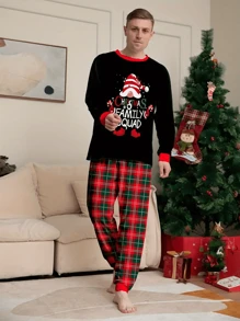 2 pièces Ensemble de pyjama de Noël à carreaux décontracté pour hommes, Top à manches longues et col rond avec motif "Joyeux Noël' et bois de cerf, et pantalon ample pour dormir