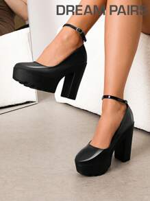 Women's Platform Chunky Round Toe Pumps Ankle Strap High Heels Fashionable Wedding Prom Party Y2K Shoes - Black - View 1