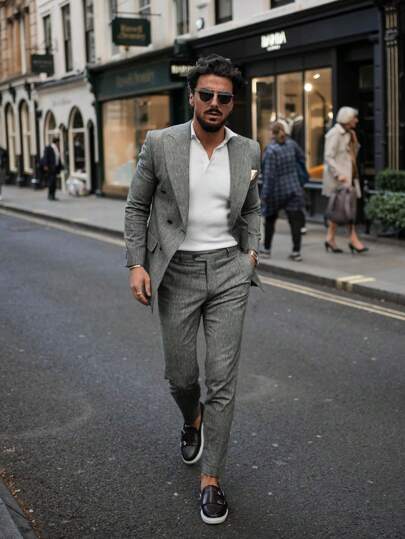 2pcs Men's Casual Stand Collar Long Sleeve Suit Jacket & Pants Set,British Style Fashion Outfit