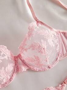 Women's Sexy Lingerie, Floral Embroidery Sheer Mesh Bra Set, Intimate Apparel For Bedroom, Nightclub