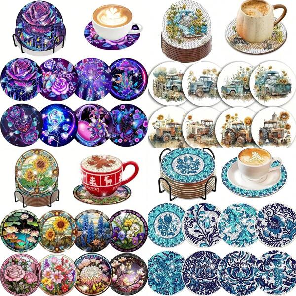8 peças/Conjunto Belos Porta-copos Florais Pintados com Diamante, Porta-copos de Cristal Cintilante de Resina com Suporte, Porta-copos DIY para Iniciantes e Adultos, Presente de Artes e Artesanato com Diamante Artificial