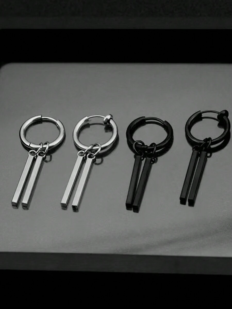 1pc Stainless Steel Non-Fading Minimalist Rectangle Ear Clip, Suitable For Men With Or Without Pierced Ears - Long Strip - View 1