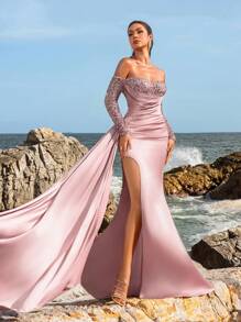 Faeriesty Đầm dạ hội trễ vai đính sequin viền đuôi cá bằng vải satin, váy dạ hội thanh lịch, dành cho khách dự tiệc cưới, tốt nghiệp, tiệc tối - Bụi hồng - Xem 2