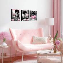 3 Pieces Grey And Pink Fashion Picture For Girl Bedroom Elegant African American Woman Are Reading Books And Listen To Music And Read Newspapers Painting Gift Makeup Room Beauty Salon Wall Decoration - Pink - View 3
