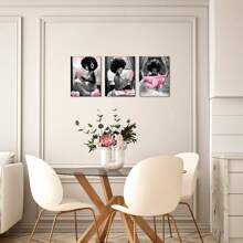 3 Pieces Grey And Pink Fashion Picture For Girl Bedroom Elegant African American Woman Are Reading Books And Listen To Music And Read Newspapers Painting Gift Makeup Room Beauty Salon Wall Decoration - Pink - View 7
