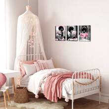 3 Pieces Grey And Pink Fashion Picture For Girl Bedroom Elegant African American Woman Are Reading Books And Listen To Music And Read Newspapers Painting Gift Makeup Room Beauty Salon Wall Decoration - Pink - View 4