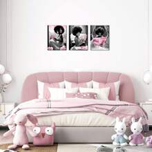3 Pieces Grey And Pink Fashion Picture For Girl Bedroom Elegant African American Woman Are Reading Books And Listen To Music And Read Newspapers Painting Gift Makeup Room Beauty Salon Wall Decoration - Pink - View 6