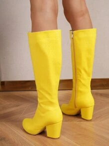 女士秋冬新款圆头休闲过膝长靴，英伦风粗跟长靴，派对靴 - 黃色 - 查看 6
