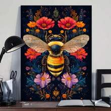 1pc Colorful Plant Flowers And Bee Canvas Art Printing Poster - Canvas Wrapped Framed - Gothic Floral Wall Decoration Ideal For Bedroom, Hallway, Office, Living Room Home Decoration, Wall Art Decoration