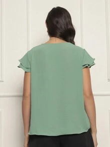 Women's Suede Blouse With 2 Ruffled Sleeves Summer Various Colors - Màu xanh Bạc hà - Xem 2