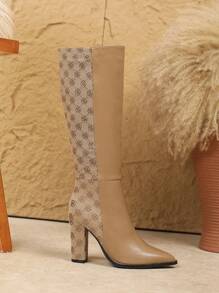 Plus Size Damskie Modne Buty Za Kolano Wysokie Obcasy Wsuwane Buty Casualowe Gruby Obcas Długie Buty Cholewka Patchwork Retro Styl Na Jesień Zimę
