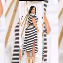 Short Sleeve Striped Midi Dress With Tie Bow - 黑與白 - 查看 3