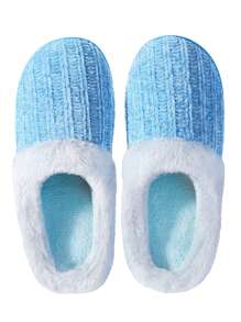 Women Fuzzy House Slippers Non-Slip Warm Plush Lined Memory Foam Bedroom Slippers Soft Elegance Style - Màu xanh lam - Xem 5
