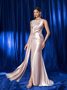 Elegantes luxuriöses besticktes paillettenbesetztes champagnerfarbenes Abendkleid für Partybankett, formelle Anlässe Frauen, Ballkleid, für Hochzeitsgäste, Abschluss, Dinner - Champagnerfarben - Übersicht 5
