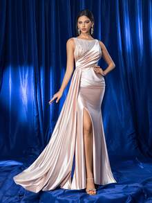 Elegantes luxuriöses besticktes paillettenbesetztes champagnerfarbenes Abendkleid für Partybankett, formelle Anlässe Frauen, Ballkleid, für Hochzeitsgäste, Abschluss, Dinner - Champagnerfarben - Übersicht 6