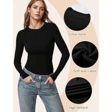Women's Long Sleeve Crewneck Sweater 2024 Fall Ribbed Knit Fitted Shirts Slim Solid Pullovers Basic Casual Tee Tops - 黑色 - 查看 3