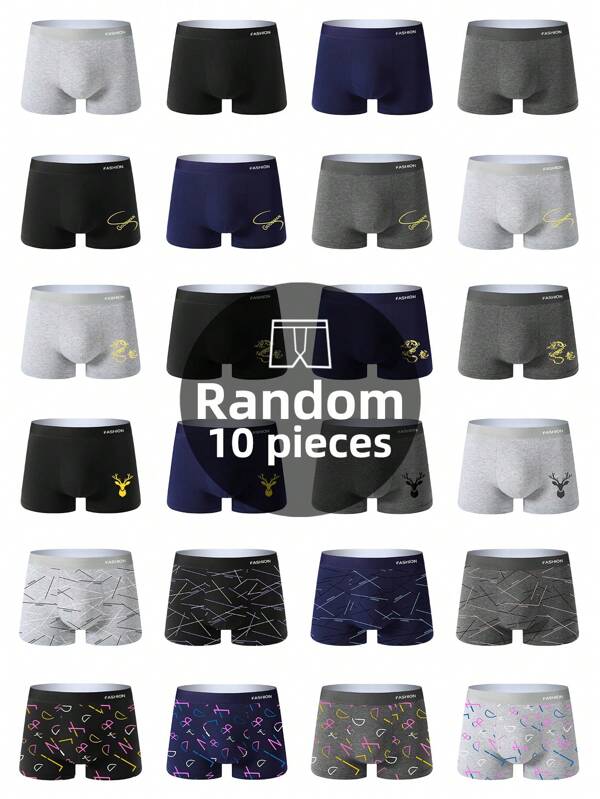 10pcs/Pack Men's Random Style Solid Color & Printed Boxer Briefs, Midwaist Underwear Shorts