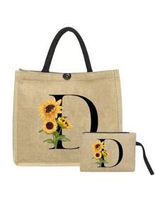 2pcs Linen Tote Bag Set, Including 1 Bag Printed With Letters A-Z And 1 Floral Printed Pouch, Sunflower Floral Print, Letter, Flower Pattern, Personalized Gift Packaging, Yellow Linen Black Tote Bag With Black Snap Closure, Bag Set - Khaki - View 25