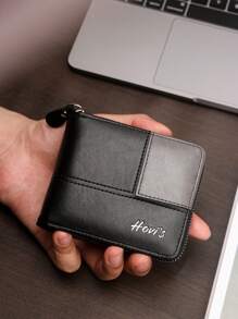 商务男士短款钱包拼接石纹大容量三折包拉链零钱包多卡位钱夹男士钱包必备单品 - 黑色 - 查看 2