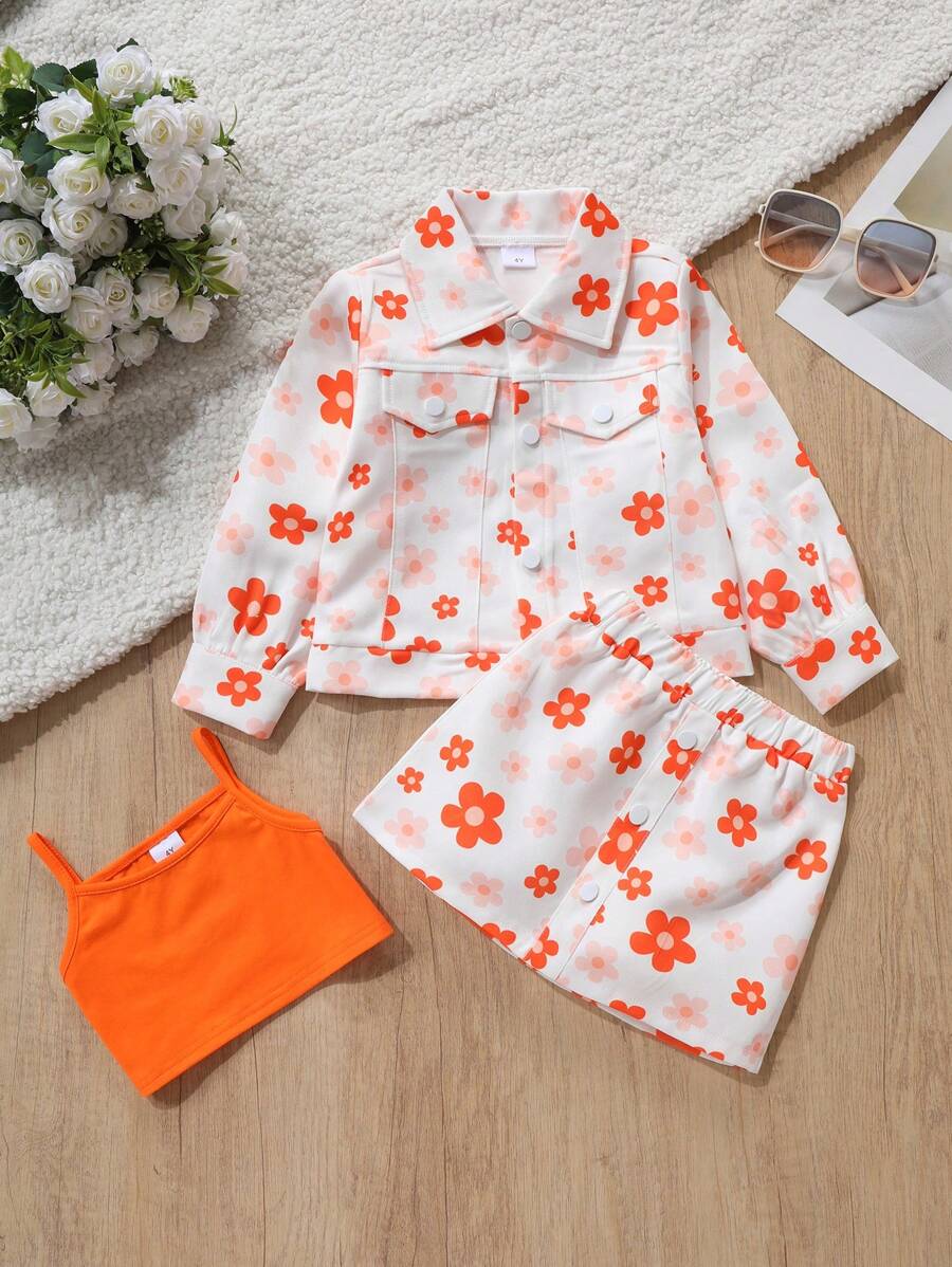 3-teiliges Mädchen Outfit bestehend aus Top mit Distel Blumen Muster und Kragen, modischem Blumenrock, für Frühling und Herbst