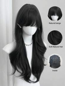 女士带刘海黑色假发 长波浪发假发 黑色假发 卷发 波浪形合成假发 适合女孩日常聚会使用 - 黑色 - 查看 5
